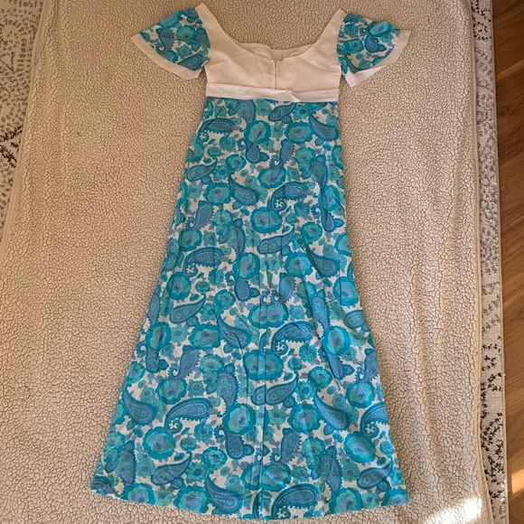 Vintage 60s/70s Handmade Maxi Milkmaid Babydoll Paisley Blue & White Dress - Picture 3 of 3